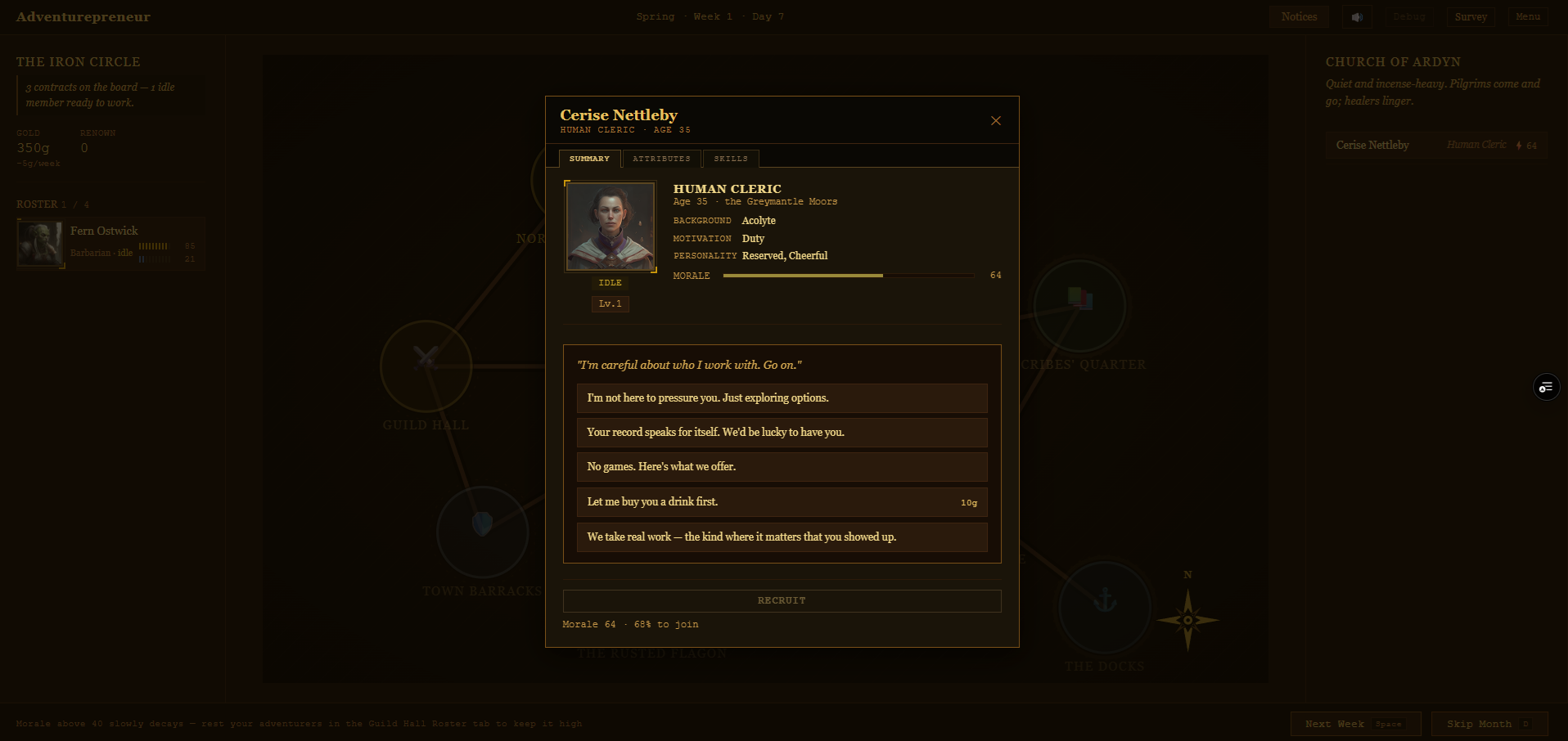 Recruitment modal showing a candidate cleric's stats and dialogue options