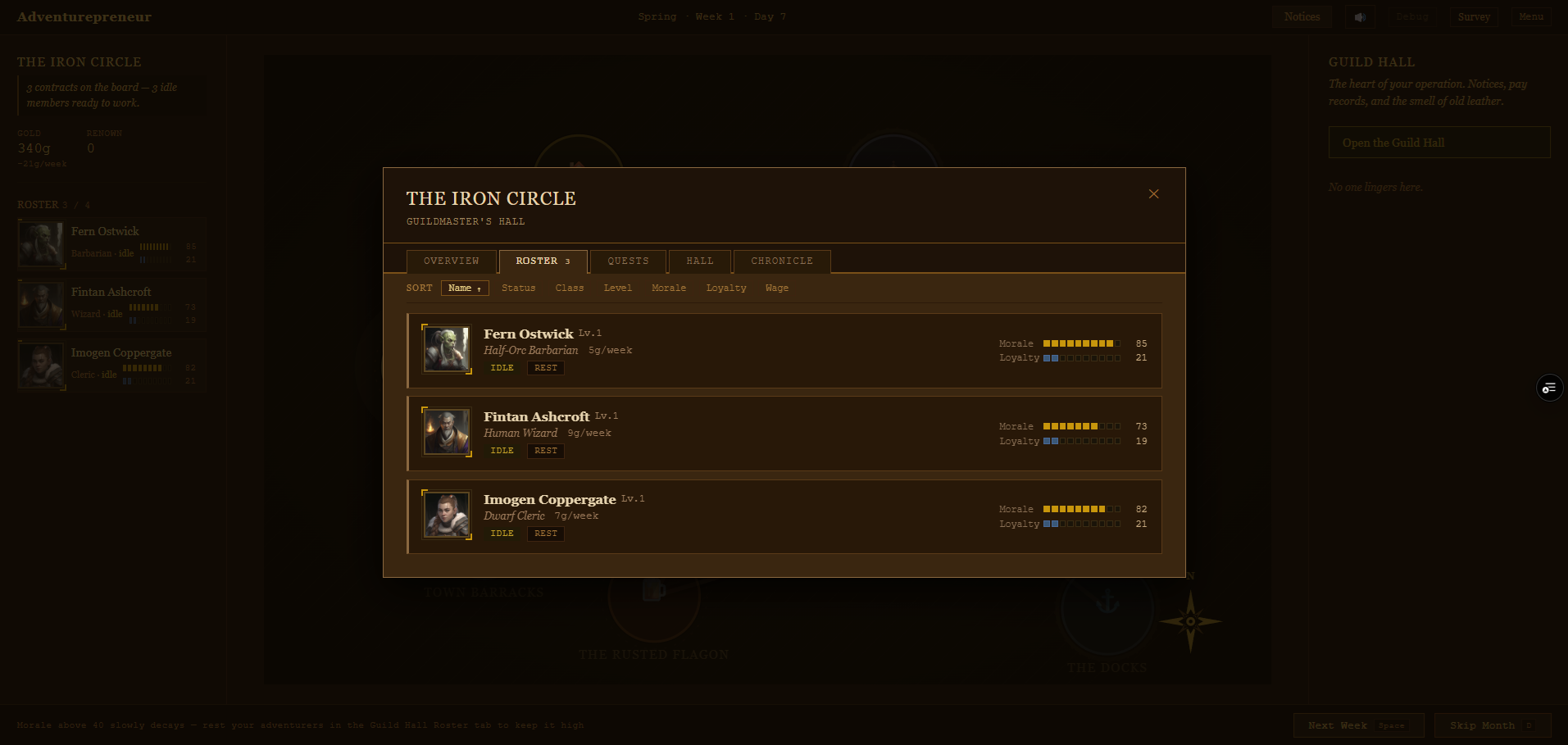 Iron Circle roster tab listing adventurers with morale and loyalty
