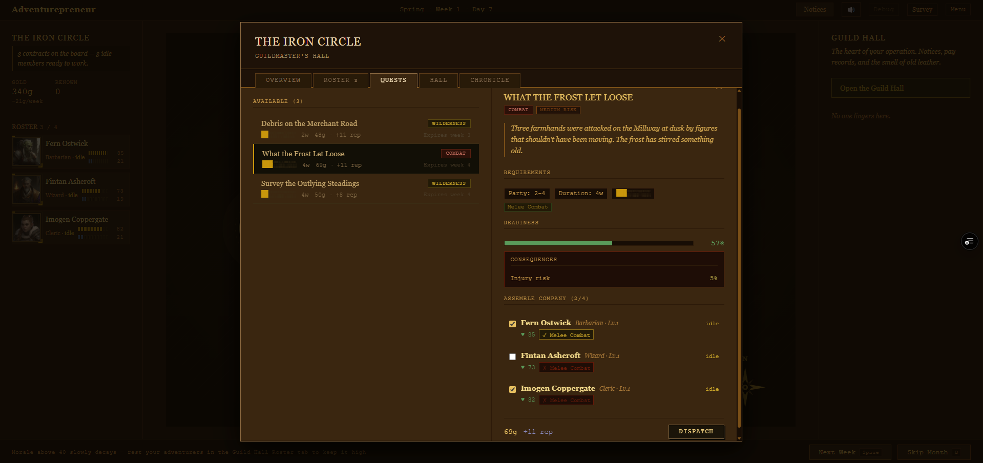 Quest board screen assembling a company for a combat quest