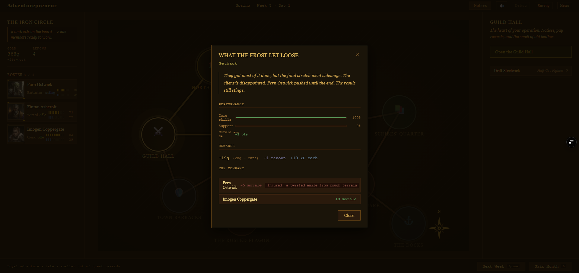 Quest results screen showing rewards and company outcomes after a setback