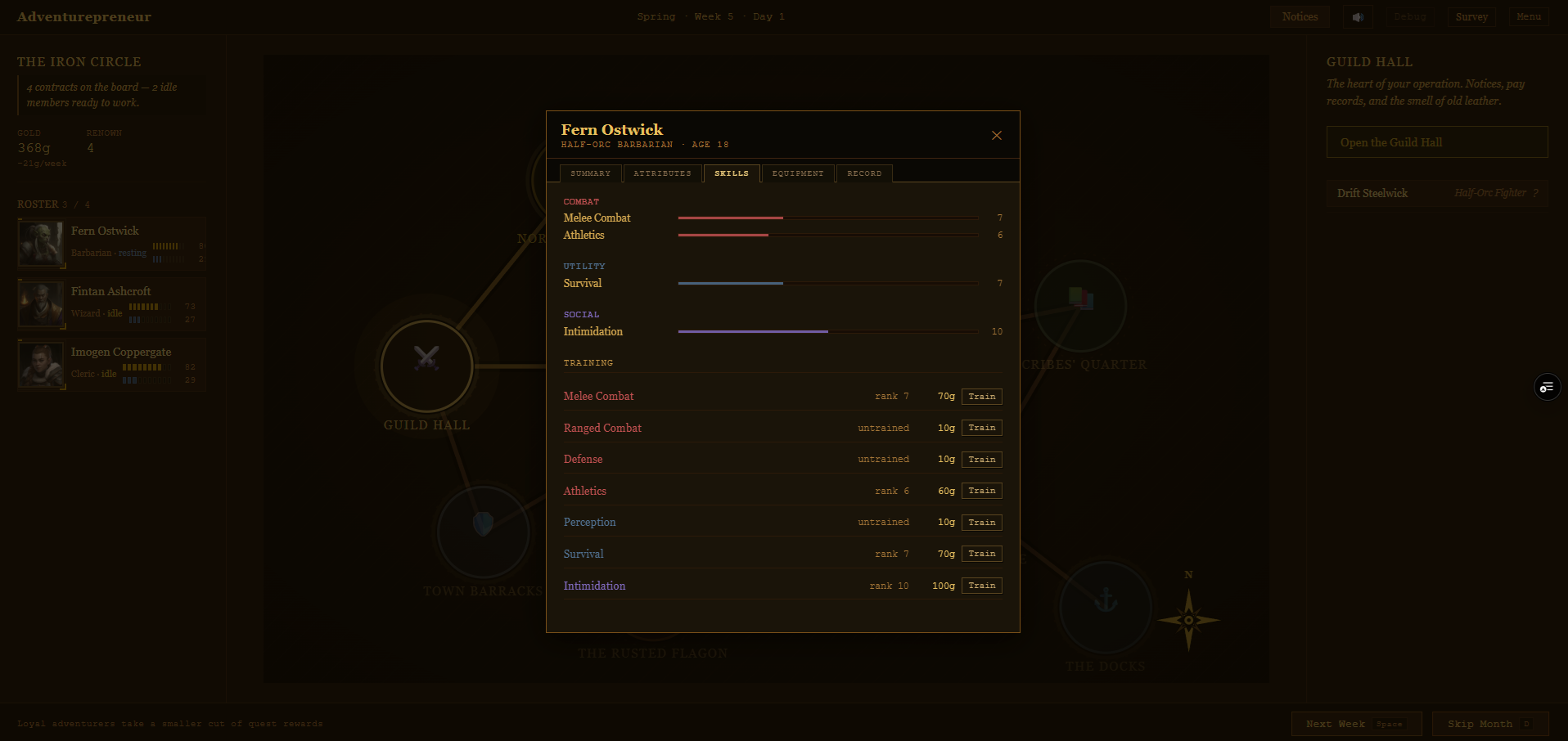 Adventurer detail panel showing skills and training options