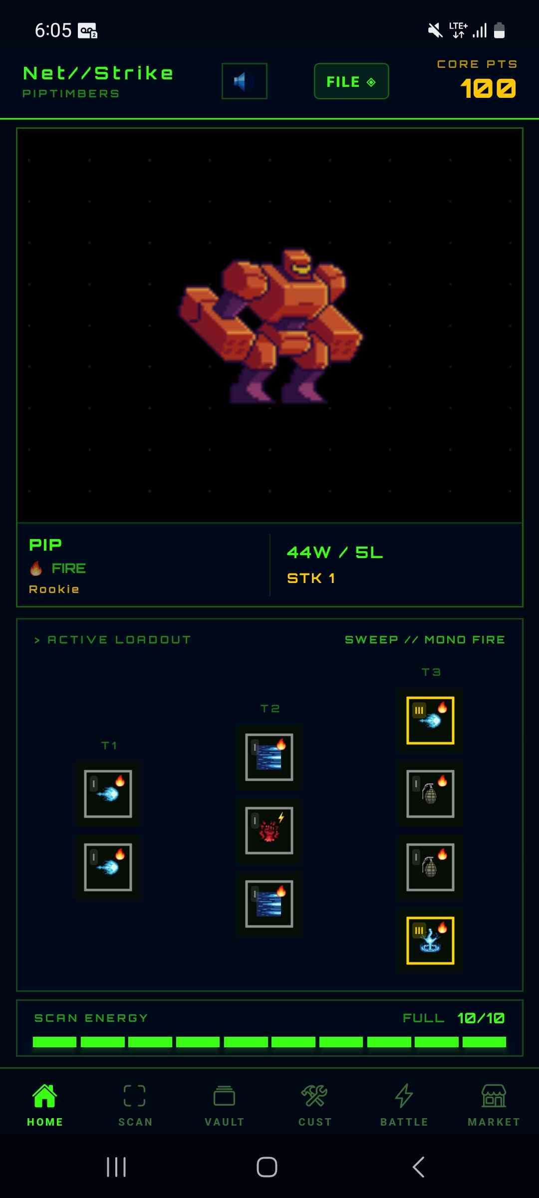 Net//Strike home screen showing Pip's active T1–T3 loadout