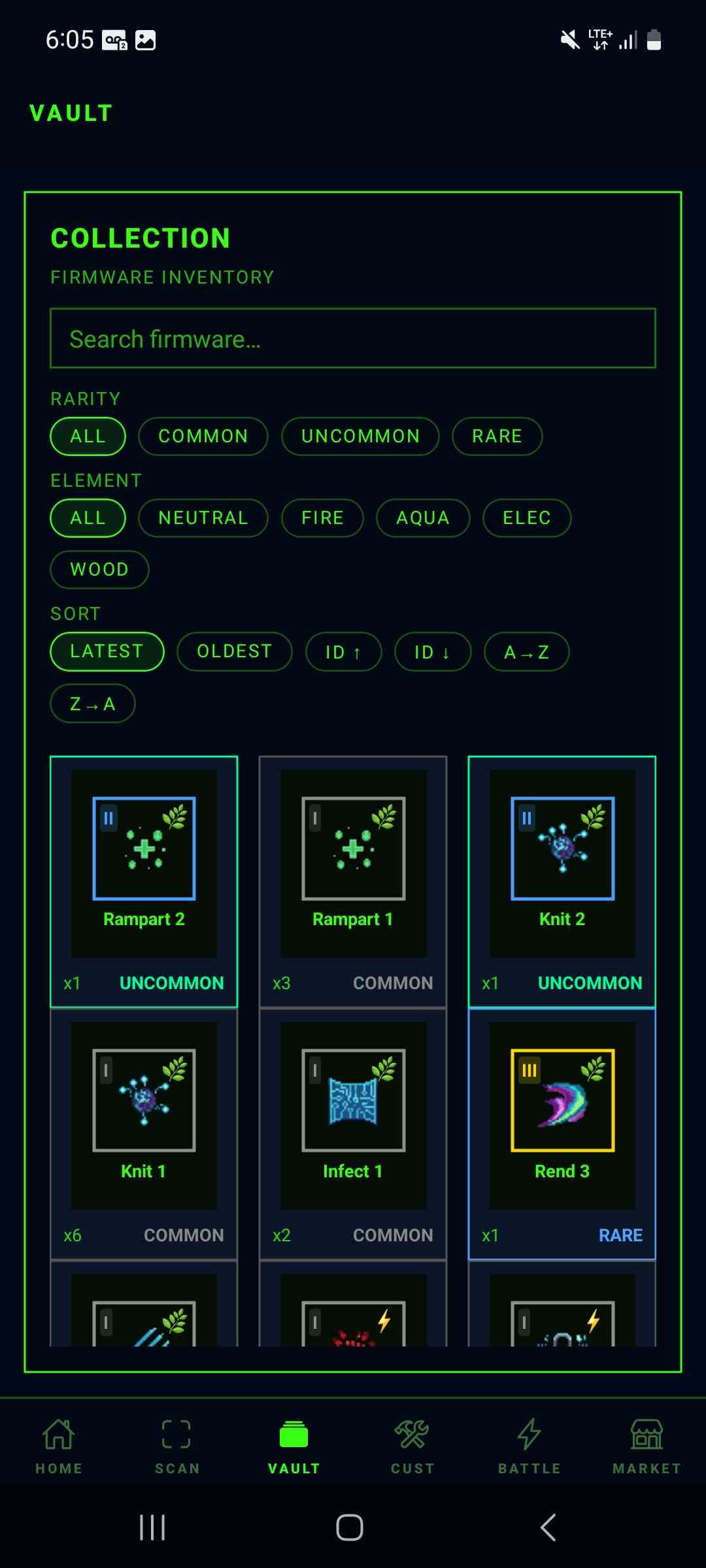 Vault screen listing firmware cards filtered by rarity and element
