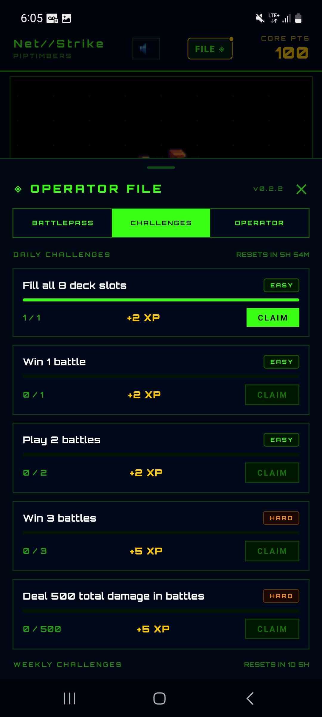 Operator File panel showing daily and weekly challenge progress