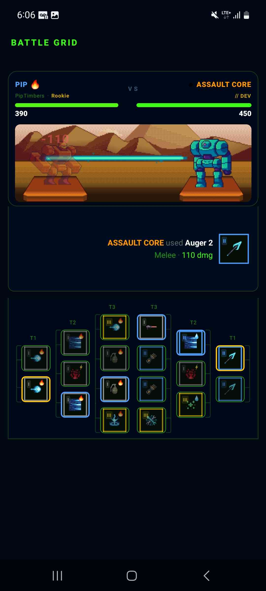 Battle grid screen mid-match, Pip vs Assault Core with turn-by-turn firmware queue