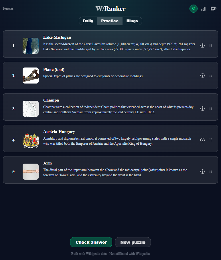 Wranker Practice mode with five ranked article entries
